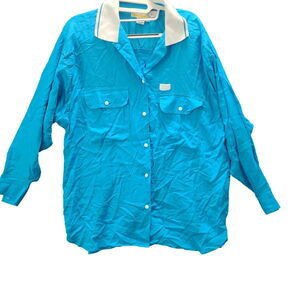 Chaus Sport Womens Button Up Shirt Blue Medium Rayon Blend Long Roll Tab Sleeve